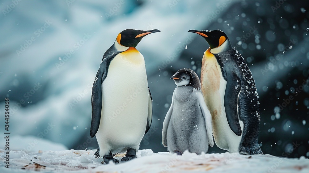 Obraz premium Three penguins standing on a snowy surface
