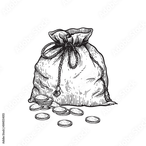 Vintage bag full of money coins, tied with rope. Hand drawn pen and ink sketch style. Financial, profit symbol. Vector illustration.