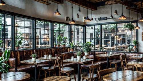 Cozy and inviting café interior with rustic wooden furniture and large windows allowing natural light to flood the space. The café features wooden tables and chairs, a row of high stools along the win © babarkhan