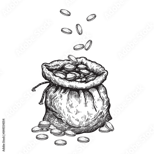 Falling money coins into open bag. Hand drawn pen and ink sketch style. Financial, profit symbol. Vector illustration.