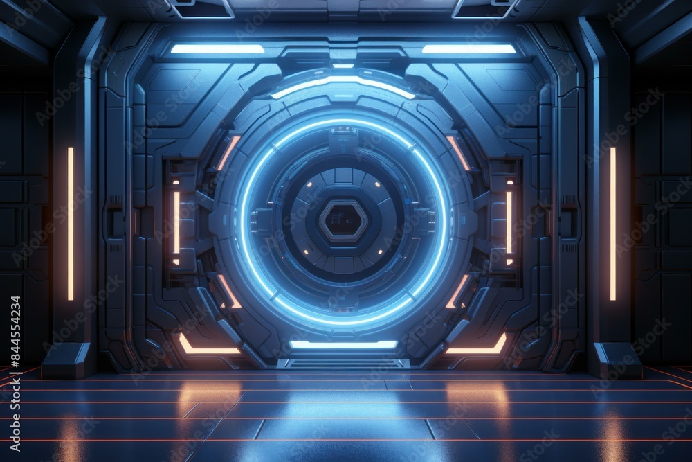 High-tech doorway with glowing blue lights inside a futuristic spaceship corridor High-tech doorway with glowing blue lights inside a futuristic spaceship corridor