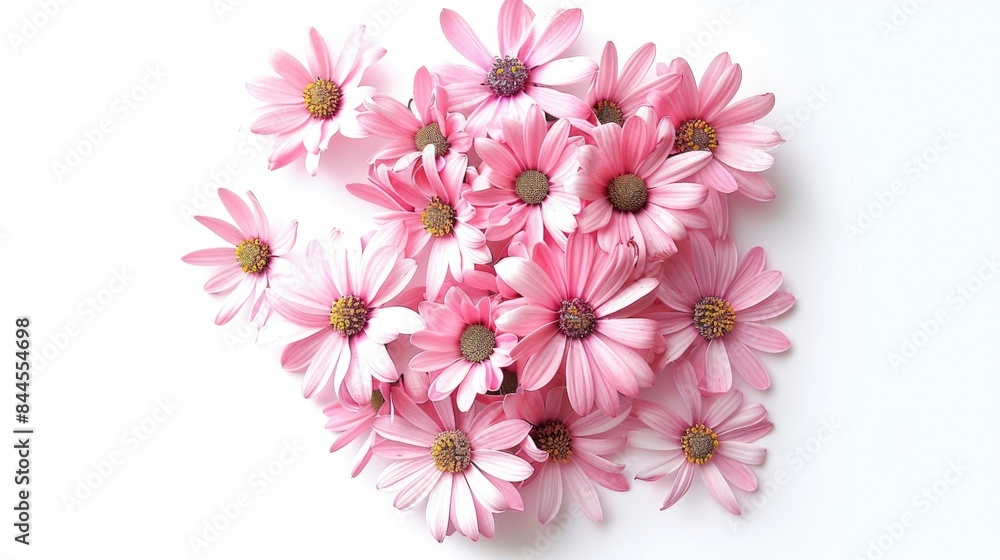 Pink daisies in a bouquet isolated on a white background flat lay and top view presenting a floral pattern Pink daisies in a bouquet isolated on a white background flat lay and top view presenting a floral pattern
