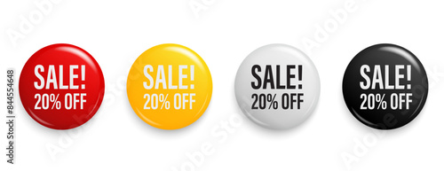 20 percent discount tag. 3D Round sticker badge with offer message. Advertising discounts symbol. Save money 20%. Discount label set for shopping marketing, and advertisement. Vector illustration.