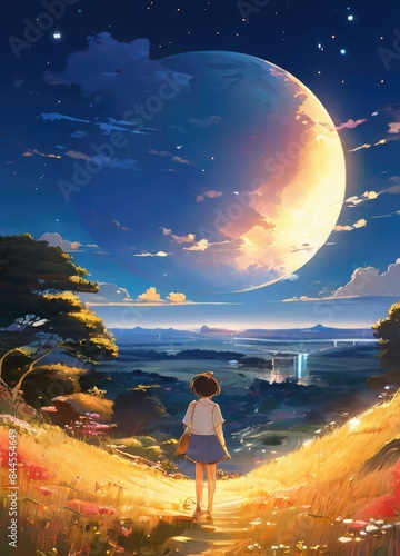 illustration of a lone person at night by moonlight in anime and cartoon style.