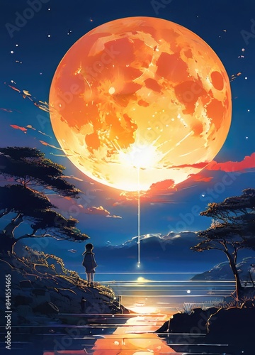illustration of a lone person at night by moonlight in anime and cartoon style.