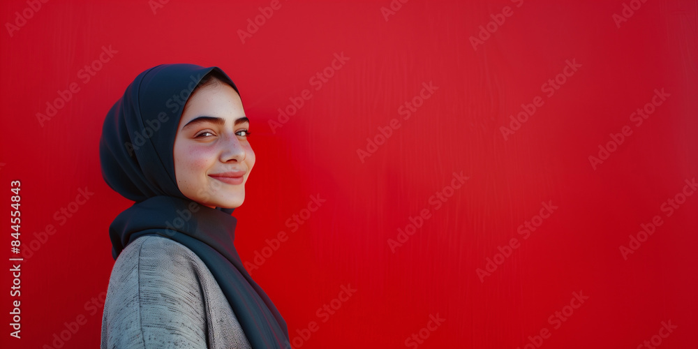 A portrait of a young smiling Muslim woman wearing a black hijab against a red background studio with copy space for text A portrait of a young smiling Muslim woman wearing a black hijab against a red background studio with copy space for text