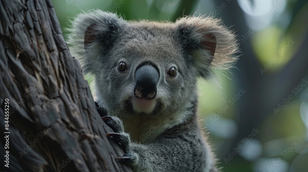 Obraz premium A baby koala is looking at the camera from a tree branch