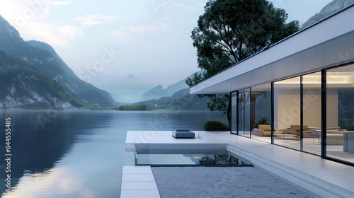 A minimalist, modern villa with expansive glass windows overlooks a serene mountain lake and lush nature.