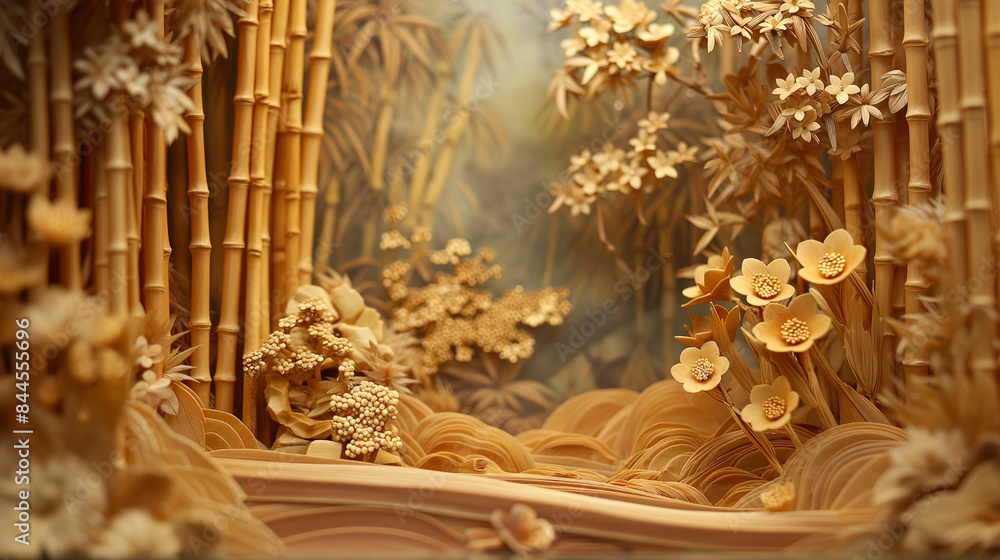A beautiful room accent piece with a volumetric depiction of a Japanese bamboo forest, gold highlights on the bamboo and flowers such as chrysanthemums and cherry blossoms adding d A beautiful room accent piece with a volumetric depiction of a Japanese bamboo forest, gold highlights on the bamboo and flowers such as chrysanthemums and cherry blossoms adding d