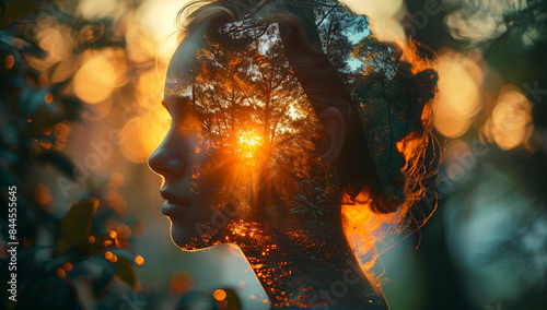 Double exposure of a forest landscape and a silhouette of a person's profile. Woman double exposure portrait