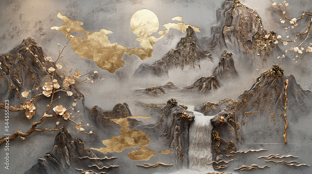 An elegant volumetric stucco artwork on a concrete wall, portraying a serene Japanese landscape with a sparkling waterfall, mountain peaks, and gold-accented sakura flowers adding An elegant volumetric stucco artwork on a concrete wall, portraying a serene Japanese landscape with a sparkling waterfall, mountain peaks, and gold-accented sakura flowers adding