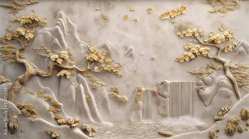 A refined stucco molding design on a concrete wall, illustrating a volumetric Japanese landscape with a picturesque waterfall, towering mountains, and delicate golden sakura petals