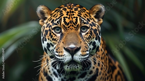 Close up portrait of a jaguar against a blurred green foliage background