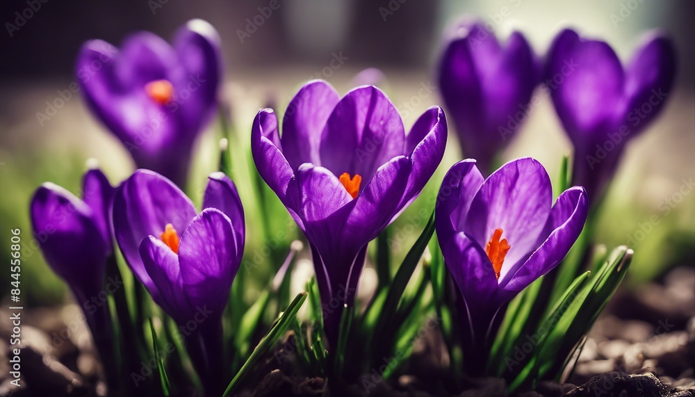 Vibrant purple crocuses with green leaves on a white background. Vibrant purple crocuses with green leaves on a white background.