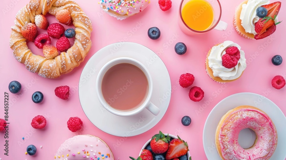 Sweet breakfast concept on a pink backdrop Sweet breakfast concept on a pink backdrop