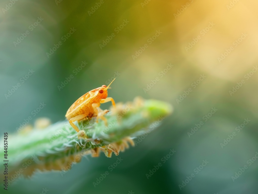 A small orange insect perched on a green stem with a blurred background of sunlight and foliage. A small orange insect perched on a green stem with a blurred background of sunlight and foliage.