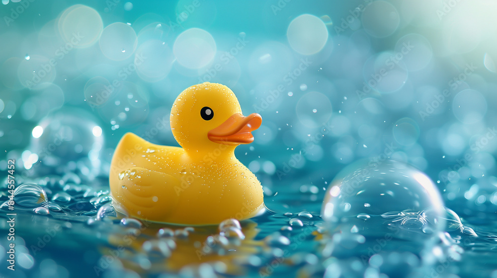 Yellow rubber duck in water with bubbles Yellow rubber duck in water with bubbles