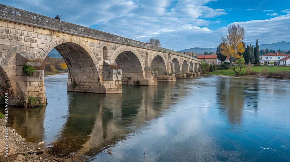 Naklejka premium A medieval bridge with gothic arches spans a tranquil river, with a charming village in the background.