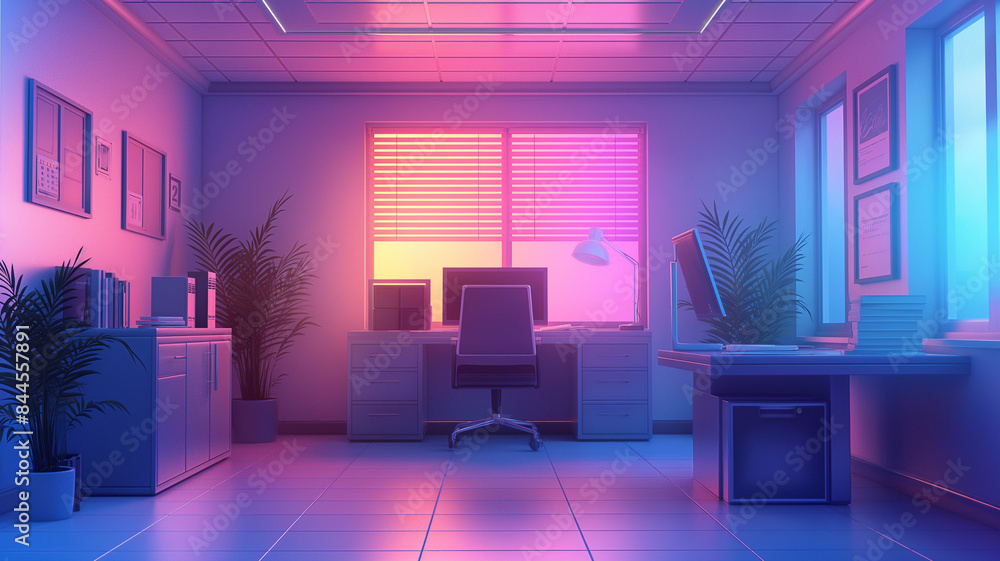Purple design minimal working roon on with wall and cute work desk under computer and lamp Purple design minimal working roon on with wall and cute work desk under computer and lamp