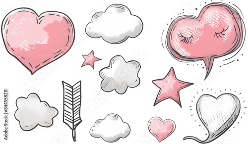 A charming collection of hand-drawn romantic doodles featuring hearts, clouds, stars, and an arrow. Perfect for adding a whimsical touch to Valentine's Day projects, love notes, and creative designs 