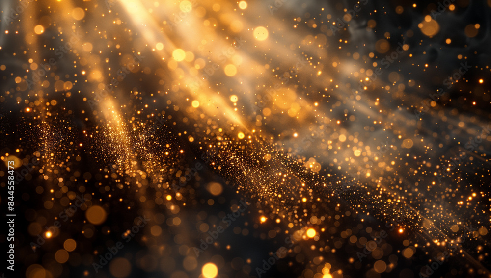 Obraz premium glittering glowing snowflakes particles and bokeh lights falling shiny background, Golden glitter, Particles, Gold rays background