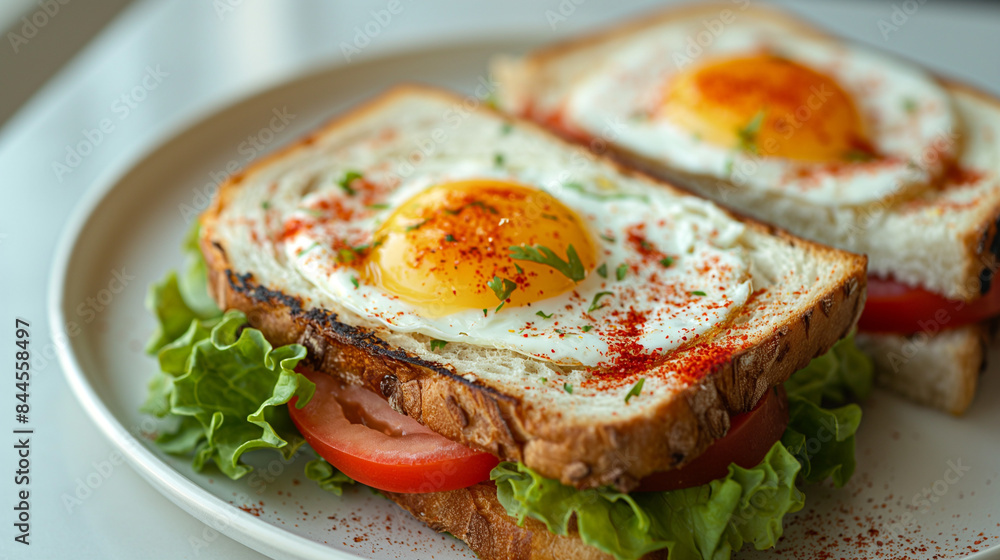 fried eggs sandwich and vegetables on plate 