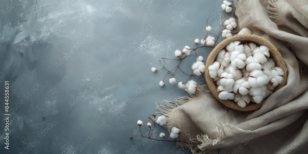Obraz premium This image features a bowl filled with white cotton bolls, accompanied by rustic cloth material and sprigs of cotton plant on a textured blue-grey background.