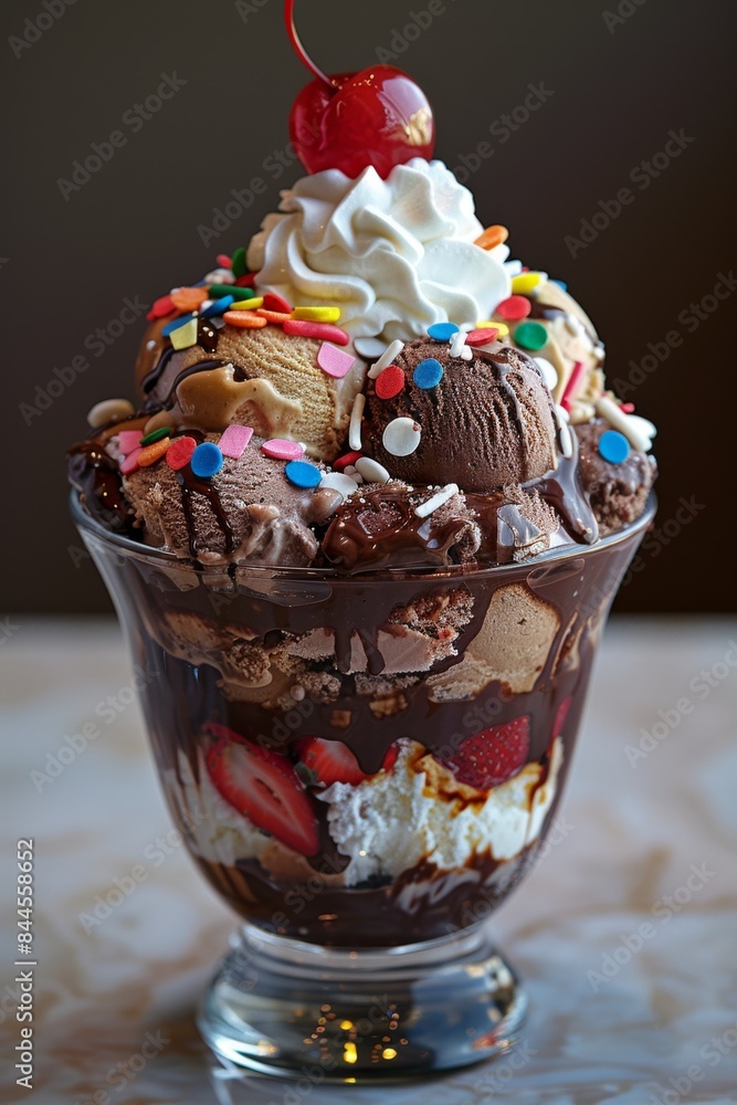 Ice Cream Sundae: A classic sundae with vanilla, chocolate, and strawberry ice cream, topped with chocolate sauce, whipped cream, and cherries.
