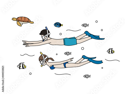 海でシュノーケリングをするカップルのイラスト