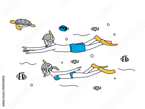 海でシュノーケリングをするカップルのイラスト