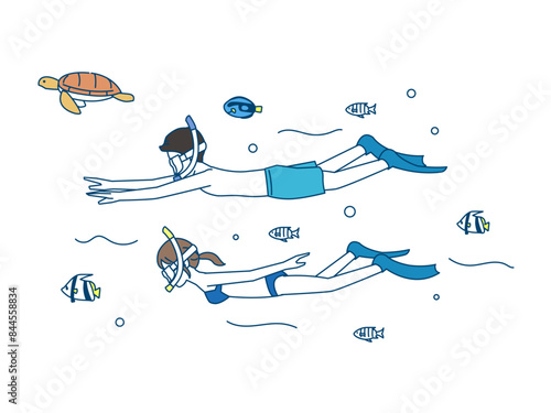 海でシュノーケリングをするカップルのイラスト