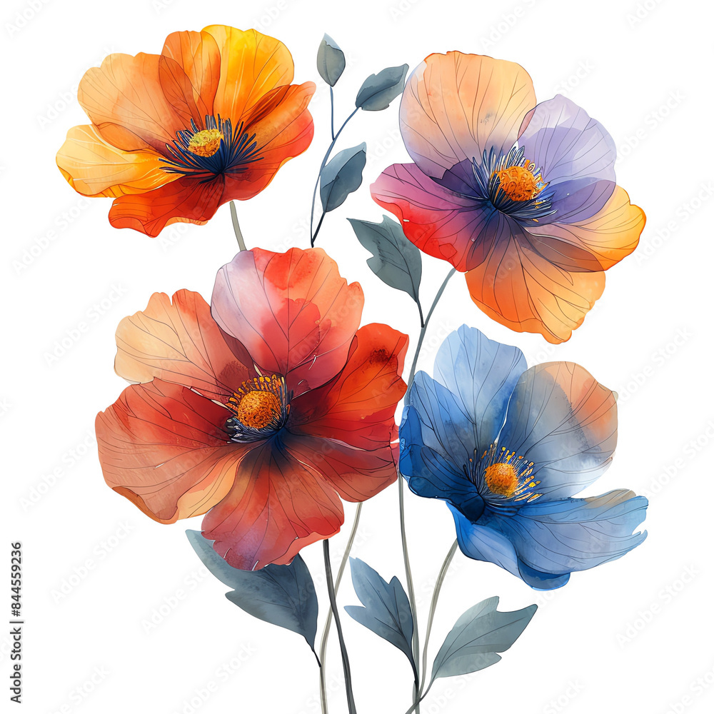 The image shows a bouquet of four watercolor flowers. The flowers are orange, red, purple, and blue. The bouquet is tied together with a green ribbon. The background is white. The image shows a bouquet of four watercolor flowers. The flowers are orange, red, purple, and blue. The bouquet is tied together with a green ribbon. The background is white.