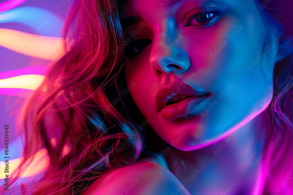 A beautiful girl posing elegantly against a vibrant neon background, creating a stunning and modern visual effect. A beautiful girl posing elegantly against a vibrant neon background, creating a stunning and modern visual effect.