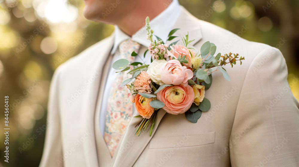 Wedding boutonniere on the groom's suit for the ceremony