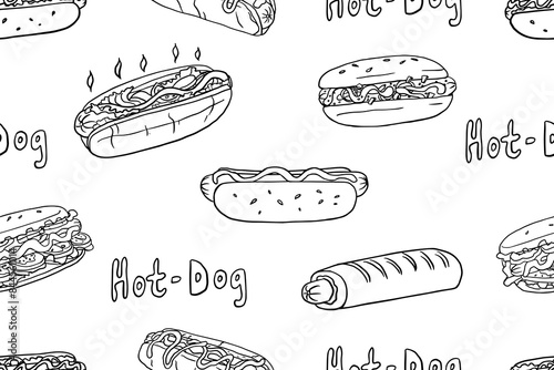 Cute seamless pattern of hot dogs with lettering in doodle style. French hot dog. Fast food. Great for menu design, banners, websites, packaging. Hand drawn
