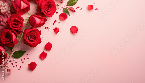 Rose petals on a pink background. Bannar card greetings