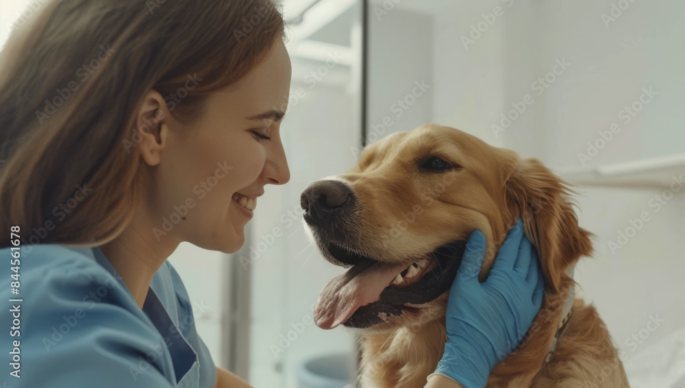 Caring Veterinarian Petting a HappyDog During a Check-Up in a Modern Clinic Caring Veterinarian Petting a HappyDog During a Check-Up in a Modern Clinic
