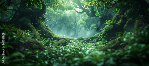 A portal through jungle, A path or natural tunnel in forest, Green Dense trees background © Super Stocks