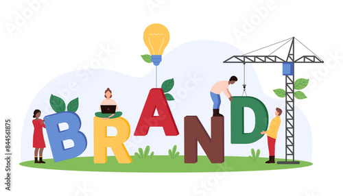 Creation of success marketing strategy for brand or company, creative branding idea. Tiny people and construction crane build Brand word, light bulb carrying letter cartoon vector illustration