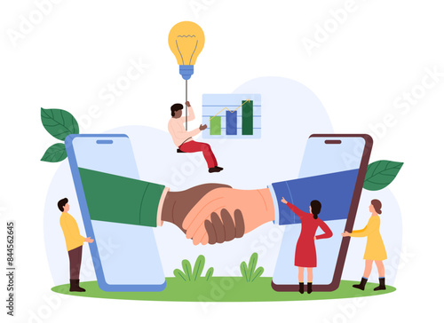 Deal contract, partnership and success finance growth, trust relationship. Handshake of giant partners and leaders, sponsors hands from mobile phones and tiny people cartoon vector illustration