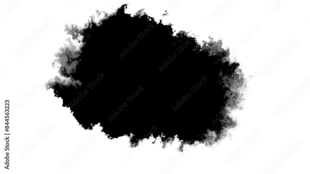 Transitions of black expanding paint stains on white backdrop Grunge Ink spreads and fills the screen. flows and streams. Ink bloom. Beautiful black watercolor ink leak drops transition paint 4K 3D