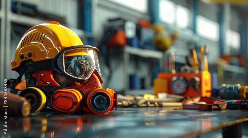 Professional Safety Gear and Tools on Industrial Workbench Professional Safety Gear and Tools on Industrial Workbench