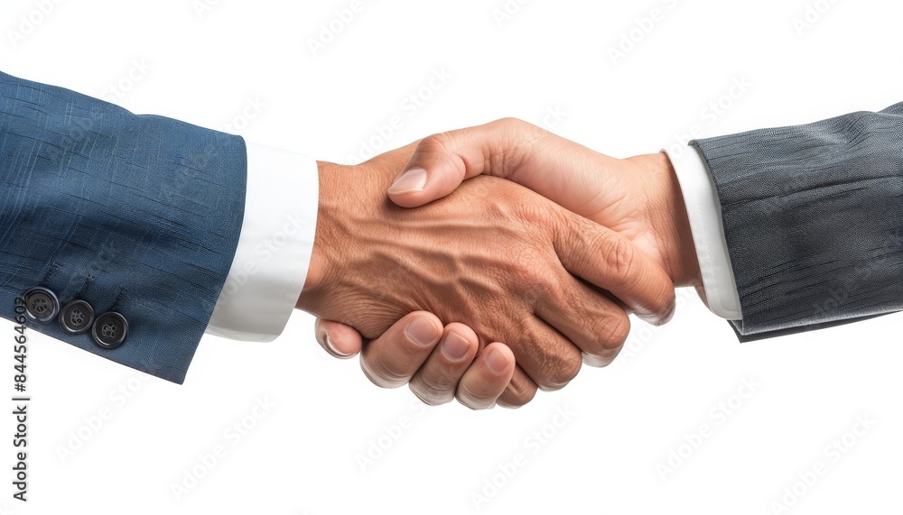 Two businessmen shake hands in a formal agreement.  Isolated on white background.