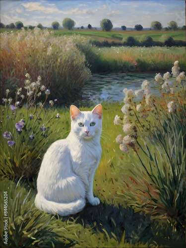 White Cat Monet Painting Art Style © PikGrand