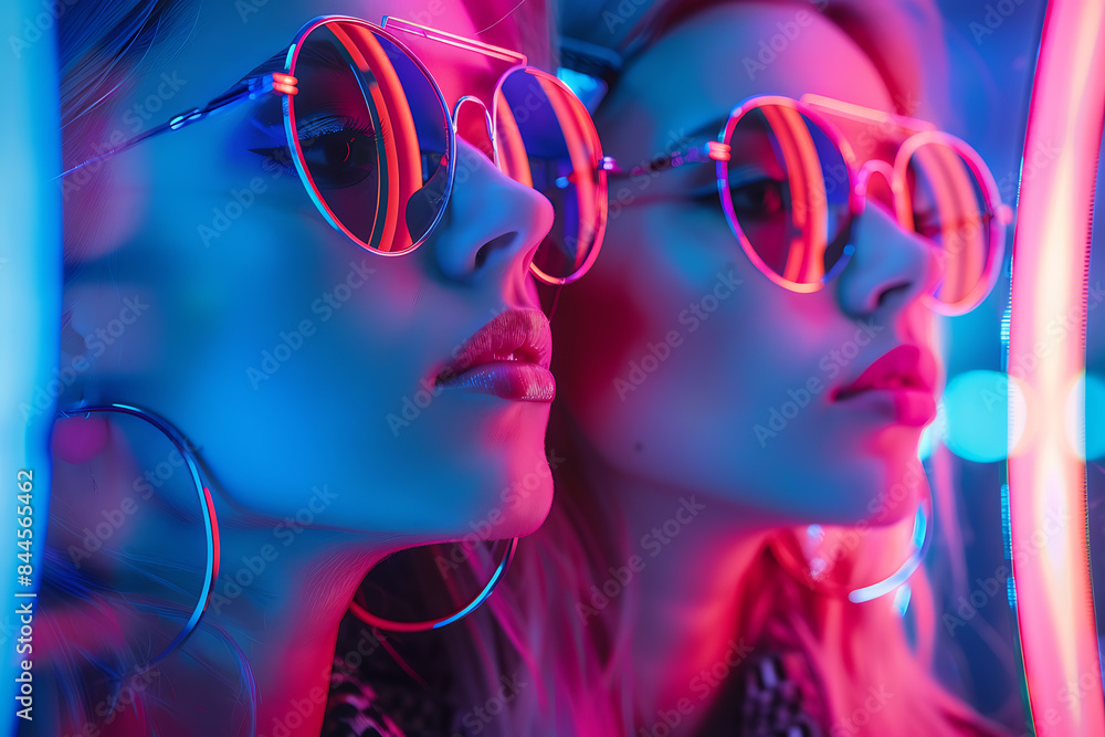 Beautiful girls posing elegantly against a vibrant neon background, creating a stunning and modern visual effect. Beautiful girls posing elegantly against a vibrant neon background, creating a stunning and modern visual effect.