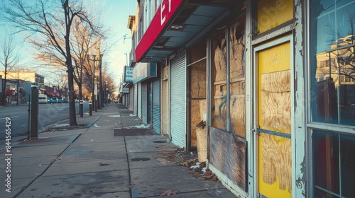 Empty City Street with Boarded-Up Storefronts