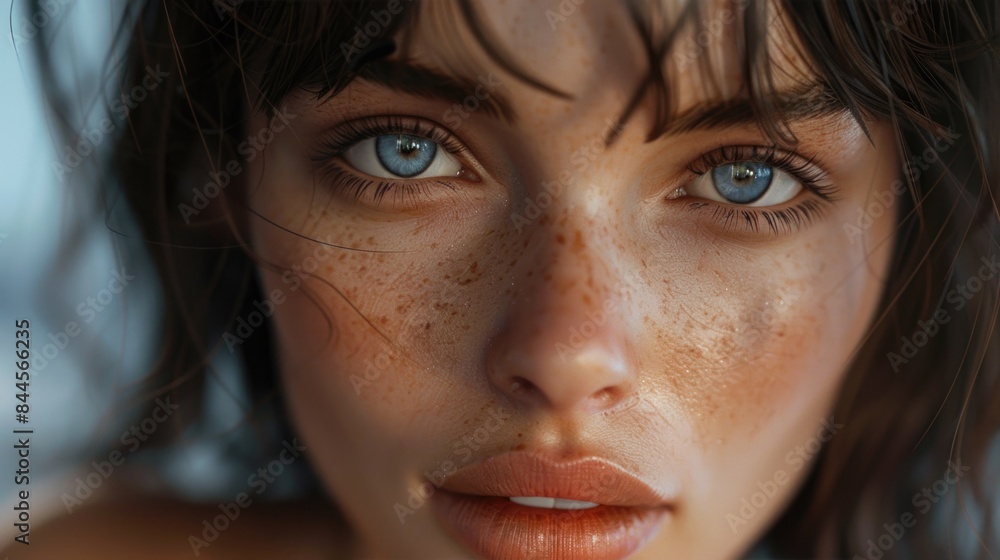 Captivating Close-up of Woman with Piercing Blue Eyes and Freckles Captivating Close-up of Woman with Piercing Blue Eyes and Freckles
