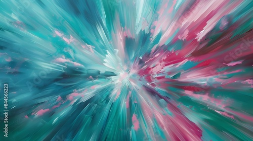 Dynamic abstract explosion of teal and pink streaks radiating from a central point resembling a burst of energy or a floral display