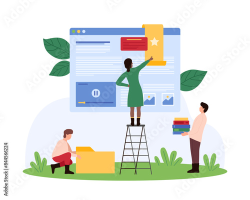 Webpage bookmark in browser window for online Internet pages organization, management. Tiny people save digital favorite content of web page with star sign for reading cartoon vector illustration