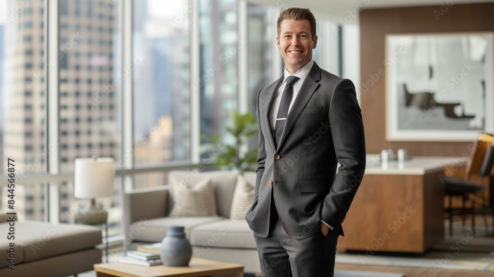 Confident Businessman in Modern Office with City View Confident Businessman in Modern Office with City View